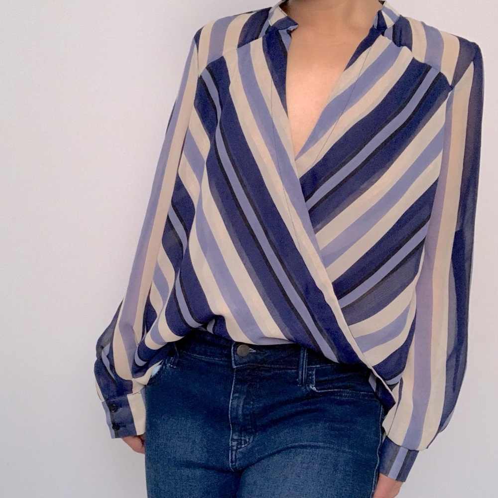 Striped Wrap Long Sleeve Blouse Top Cuffed Mandarin Collar in Blue, Beige (S-M)